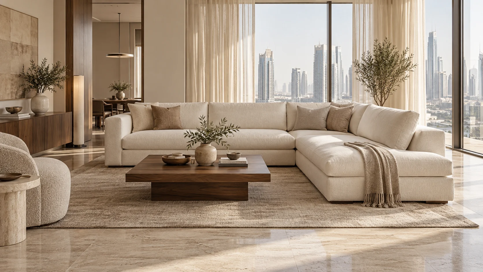 Illustrative ivory L-shaped sofa with a walnut coffee table in a bright Dubai apartment