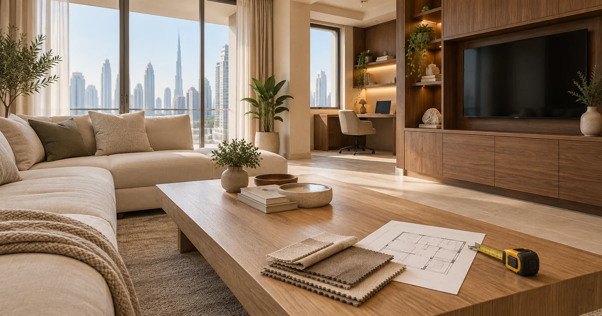 Illustrated Dubai living room with a sofa, wooden TV storage, home-office desk and furniture planning samples.
